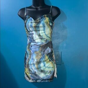 Blue and Green Bodycon Mini Dress with Spaghetti Straps for Night Out